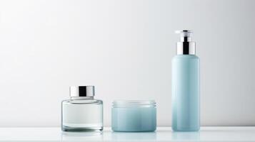 AI generated A trio of sleek cosmetic bottles with a minimalist design on a muted backdrop, perfect for branding photo