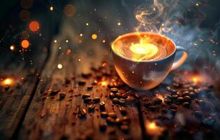 AI generated A warm, inviting cup of coffee emits steam on a rustic wooden table amidst scattered coffee beans, with a bokeh light backdrop photo