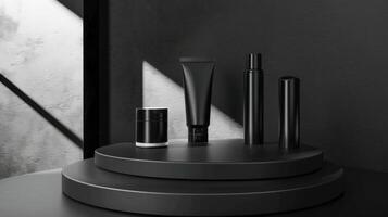 AI generated A collection of unbranded black beauty product packaging on a circular platform with a textured dark background illuminated by a slanted light beam, stand with copy space for text photo