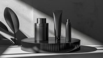 AI generated A collection of unbranded black beauty product packaging on a circular platform with a textured dark background illuminated by a slanted light beam, stand with copy space for text photo