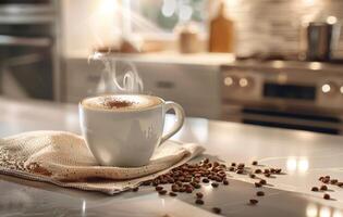 AI generated A steaming cup of coffee with latte art on a saucer decorated with coffee beans, on a rustic wooden table in a cozy kitchen setting photo