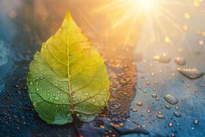 AI generated A close-up of a green leaf with water droplets under sunlight, highlighting the intricate patterns and fresh appearance of the foliage photo