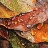 AI generated This is a close-up photo of overlapping autumn leaves with droplets of water on them, showcasing rich colors and intricate vein patterns