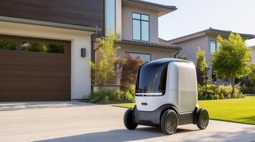 AI generated Autonomous electric delivery vehicle parked in front of a modern suburban home, the side door sliding open to reveal an array of parcels and grocery bags for contactless delivery photo