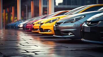 AI generated A row of luxury cars in various colors is displayed in a showroom, with focus on a red vehicle's front side and wheel photo