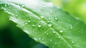 AI generated A close-up of a green leaf with water droplets under sunlight, highlighting the intricate patterns and fresh appearance of the foliage photo