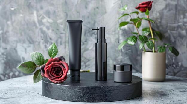 AI generated A collection of unbranded black beauty product packaging on a circular platform with a textured dark background illuminated by a slanted light beam, stand with copy space for text photo