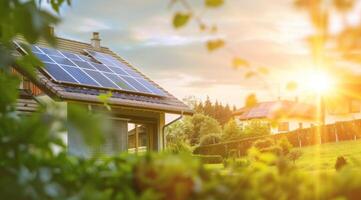 AI generated An eco-friendly modern house with large solar panels on the roof during dusk, showcasing sustainable living and energy efficiency photo