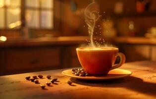 AI generated A steaming cup of coffee with latte art on a saucer decorated with coffee beans, on a rustic wooden table in a cozy kitchen setting photo