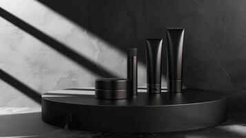 AI generated A collection of unbranded black beauty product packaging on a circular platform with a textured dark background illuminated by a slanted light beam, stand with copy space for text photo