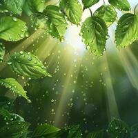 ai generado luz de sol filtros mediante verde hojas punteado con agua gotas, fundición rayos de ligero en un tranquilo bosque escena foto