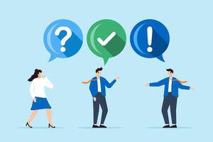 Confused businesspeople asking questions and providing answers to solve problems. Concept of FAQ, advice, help and support services, communication, and team brainstorming vector