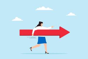 Businesswoman runs forward with arrow sign, illustrating progress towards success. Concept of determination, courage, and direction of business, career path, or pursuit of opportunities and missions vector