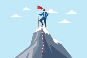 Businessman stands on mountain peaks, holding a red flag marking milestones path. Concept of journey to success, overcoming challenges, and achieving goals in business vector