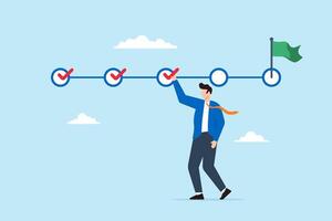 Businessman holding checkmark symbol to check completed tasks. Concept of project tracking, and using checklist to monitor project progress vector