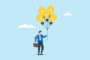 Businessman holds bright lightbulb idea balloons, illustrating innovation, creativity, and smart thinking. Concept of finding solutions, inspiration, imagination and wisdom to create new ideas vector