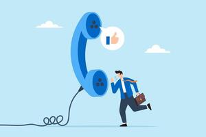 Salesman talks to client on phone and seals deal with thumbs up symbol, illustrating expertise in telephone sales to generate leads. Concept of successful telemarketing, promoting products or services vector