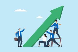 Business team pushing green graph arrow upwards. Concept of efforts to improve and grow the business, teamwork and collaboration to growing company, and fostering career growth vector