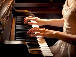 ai generado de cerca mujer pianista mano jugando el piano clásico música instrumento en el concierto foto