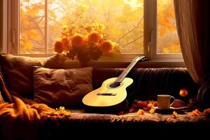 AI generated The guitar lies on the sofa in autumn season with sunflowers, maple tree and window view background, the concept a song about autumn, music in colors forest photo