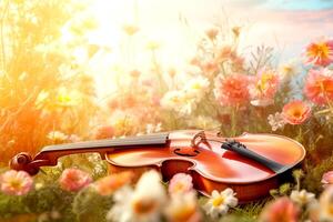 AI generated The violin on the ground, the concept a song about spring, music in colors, a flower garden, dream toned sunset background photo