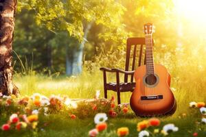 AI generated The guitar in the garden with chair and flowers in spring season, the concept a song about spring, music in colors, a flower garden, dream toned sunset background photo