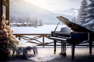 AI generated The grand piano on the wood pier in winter season with lake and snow mountains sunrise background in the morning, the concept a song about winter, music in winter photo