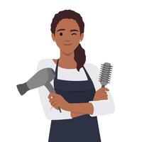 Attractive happy girl hairdresser with comb and hair dryer portrait vector