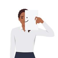 Young sad unhappy woman holding paper smile on face hiding her mouth behind fake drawn smile vector