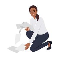 Unhappy businesswoman crying collect scattered on floor papers. vector
