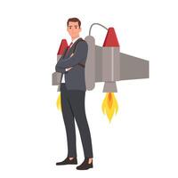 Cheerful businessman flying off with jet pack. vector