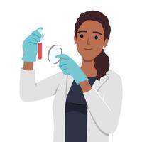 Female scientist working in lab and holding glass test tube and magnifying glasses. vector