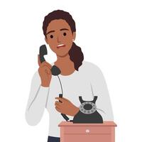 joven mujer hablar en antiguo cortado teléfono a hogar. vector