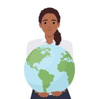 Smiling woman with planet earth in hands show care and love. Happy female teacher with globe. vector