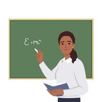 The teacher is giving a lesson in front of the blackboard. Flat vector