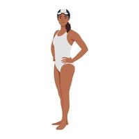 Front view full length portrait of woman, girl swimmer in swimming suit. vector