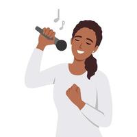 Woman sings in karaoke standing. vector