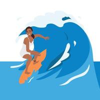 Young surf girl riding ocean wave on board. vector