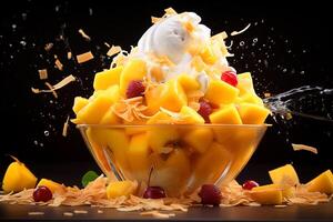 ai generado Fresco mango bingsu hielo crema coreano afeitado hielo postre con frambuesa y bayas en negro antecedentes foto