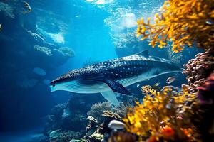 ai generado ballena nadando en el mar con pequeño pescado terminado vistoso coral arrecife, debajo agua animal Oceano vida naturaleza escénico foto