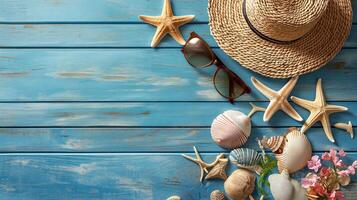 AI generated Summer flat lay with straw hat, sunglasses and beach accessories on old blue wood texture background with palm leaf, sun, sunlight and shadow. Vacation, holiday, minimal travel concept photo