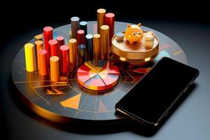 AI generated investment concept with empty screen smartphone mobile application digital banking financial isometric objects illustration on black background, Visualization growth investment photo