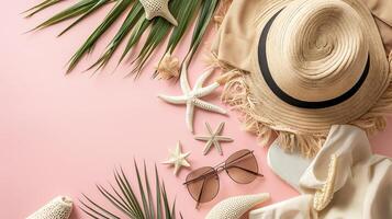 AI generated Summer flat lay with straw hat, sunglasses and beach accessories on pastel pink background with palm leaf, sun and sunlight. Vacation, holiday, minimal travel fashion concept, copy space photo