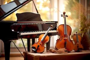 AI generated music trio instrument with grand piano, violin and cello on the stage with bogeh effect background photo