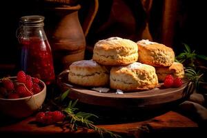 AI generated Closeup Plain scone with raspberries and raspberry jam ready to serve for afternoon tea menu Bakery food photo