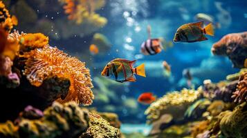 AI generated Tropical sea underwater colorful fishes and coral reef. Aquarium oceanarium wildlife colorful marine panorama landscape nature snorkel diving photo