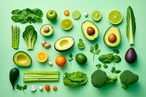 AI generated Top view flat lay Healthy mixed vegetables food variation organic ingredients clean eating selection on pastel green background. Raw food concept. organic fruits, nuts and vegetables photo