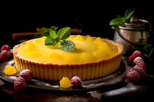 AI generated Closeup small piece lemon tart and raspberries on the table with dark background. Bakery food photo