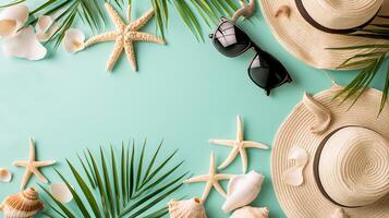 AI generated Summer flat lay with straw hat, sunglasses and beach accessories on pastel green background with palm leaf, sun, sunlight and shadow. Vacation, holiday, minimal travel fashion concept photo
