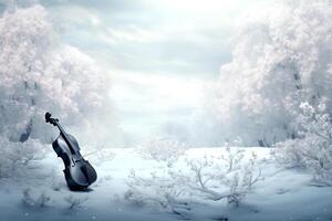 AI generated The violin in winter with the snow background, the concept a song about winter, music on ice, river and snow mountains photo